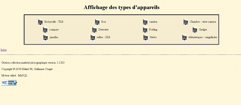 Gestion de collection d'appareils photo